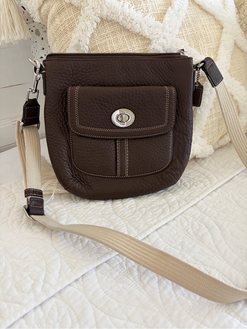 Coach Dark Brown Leather Crossbody with Beige Strap